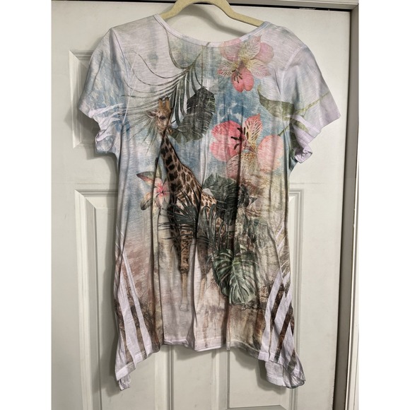 90s Y2K Safari Bling Sharkbite Top Sz 2XL Fitted Cap Sleeve Semi Sheer‎ Stretch - Picture 5 of 8